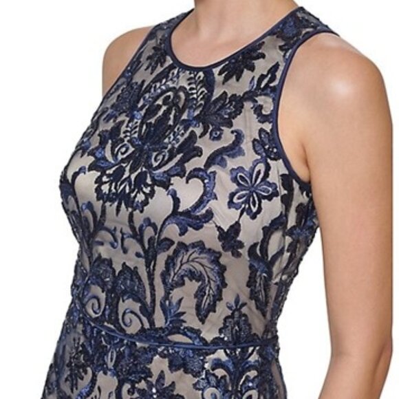 Navy Sleeveless Embroidered Sequin Gown - Picture 7 of 7